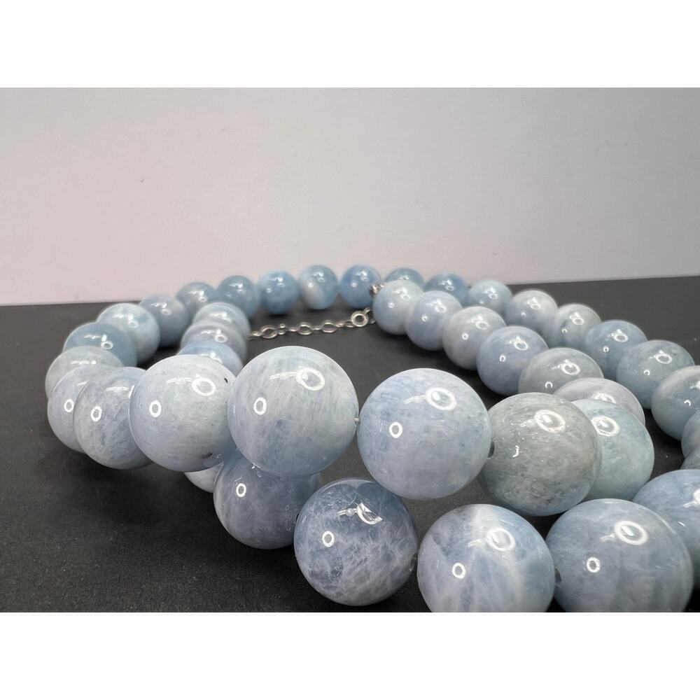 11mm Aquamarine beaded necklace with sterling silver clasp - Picture 8 of 11